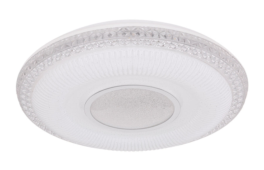 Version blanche éteinte du plafonnier, verre givré et bordure cristalline en étoiles
