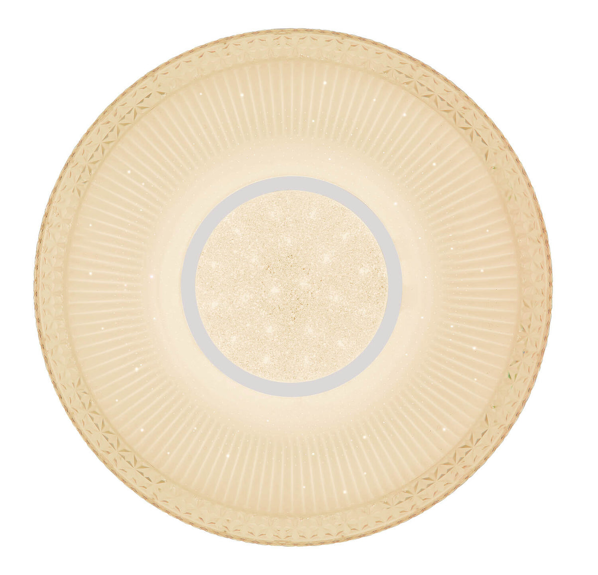 Vue de dessous du plafonnier rond, cercles concentriques et pastille centrale lumineuse