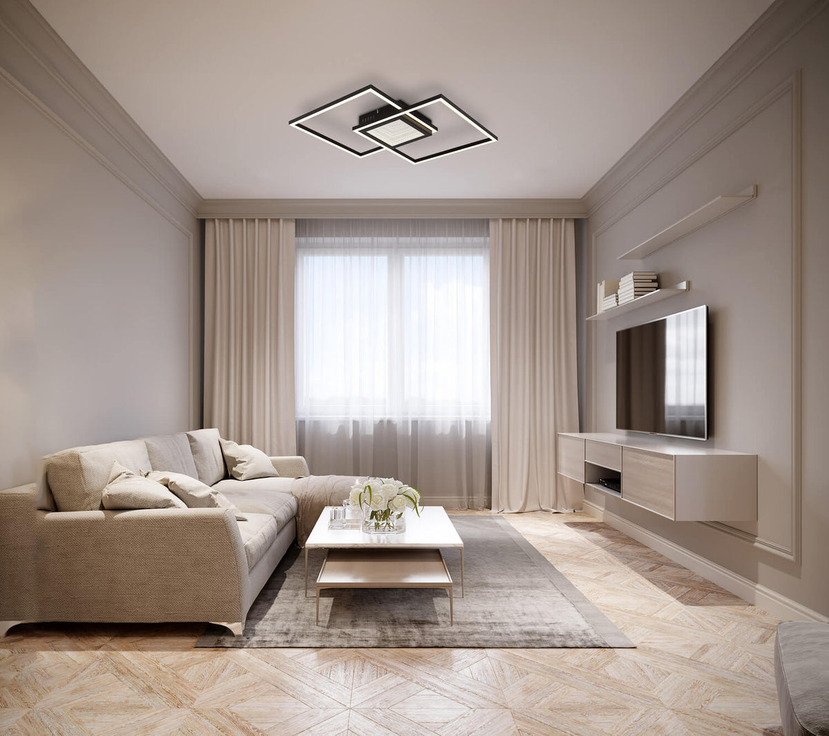 Mise en ambiance du plafonnier allumé dans un salon au décor neutre