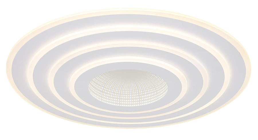 Gros plan sur les anneaux lumineux et le diffuseur central perforé du plafonnier