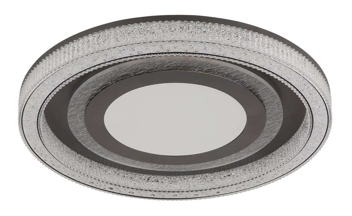 Plafonnier rond éteint, cerclage en verre transparent et centre blanc mat.