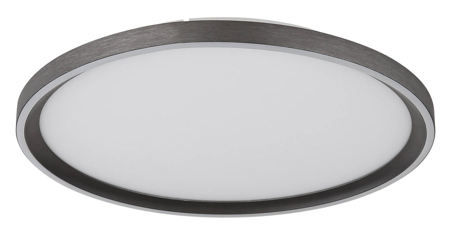 Vue de face du plafonnier éteint, diffuseur blanc laiteux et anneau gris foncé