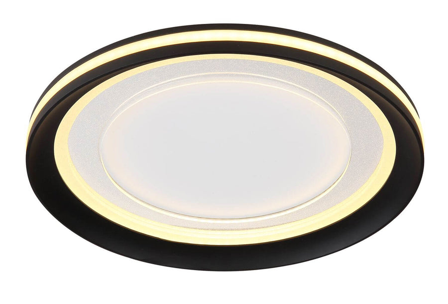 Vue rapprochée du diffuseur central strié et du cerclage lumineux doré du plafonnier