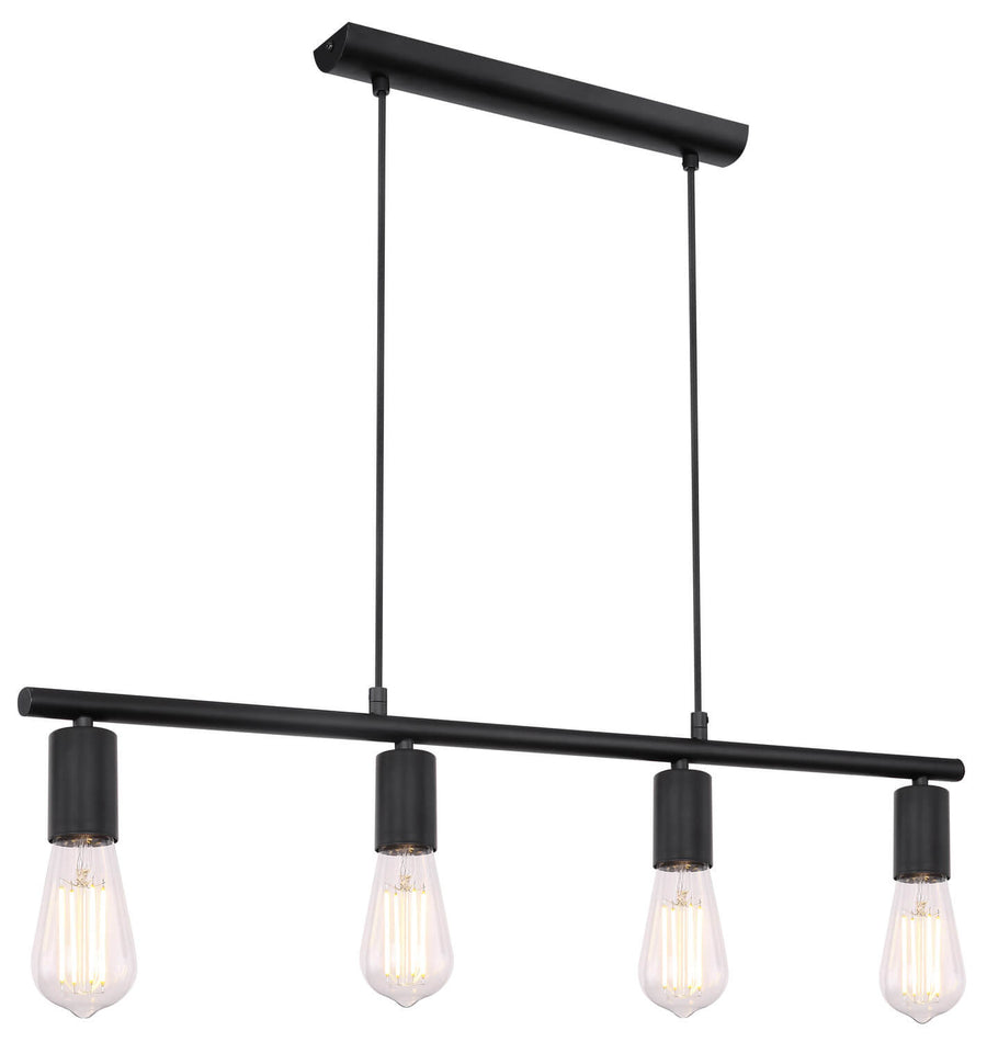 Suspension noire linéaire à quatre douilles et ampoules filaments, vue de face sur fond blanc
