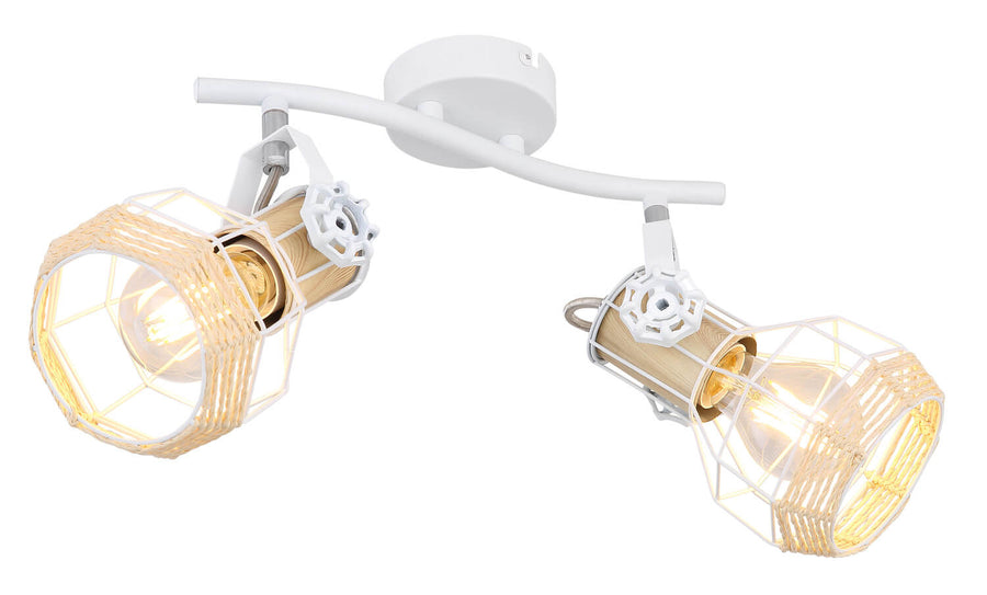 Second angle du luminaire blanc montrant les deux diffuseurs et les ampoules allumées.