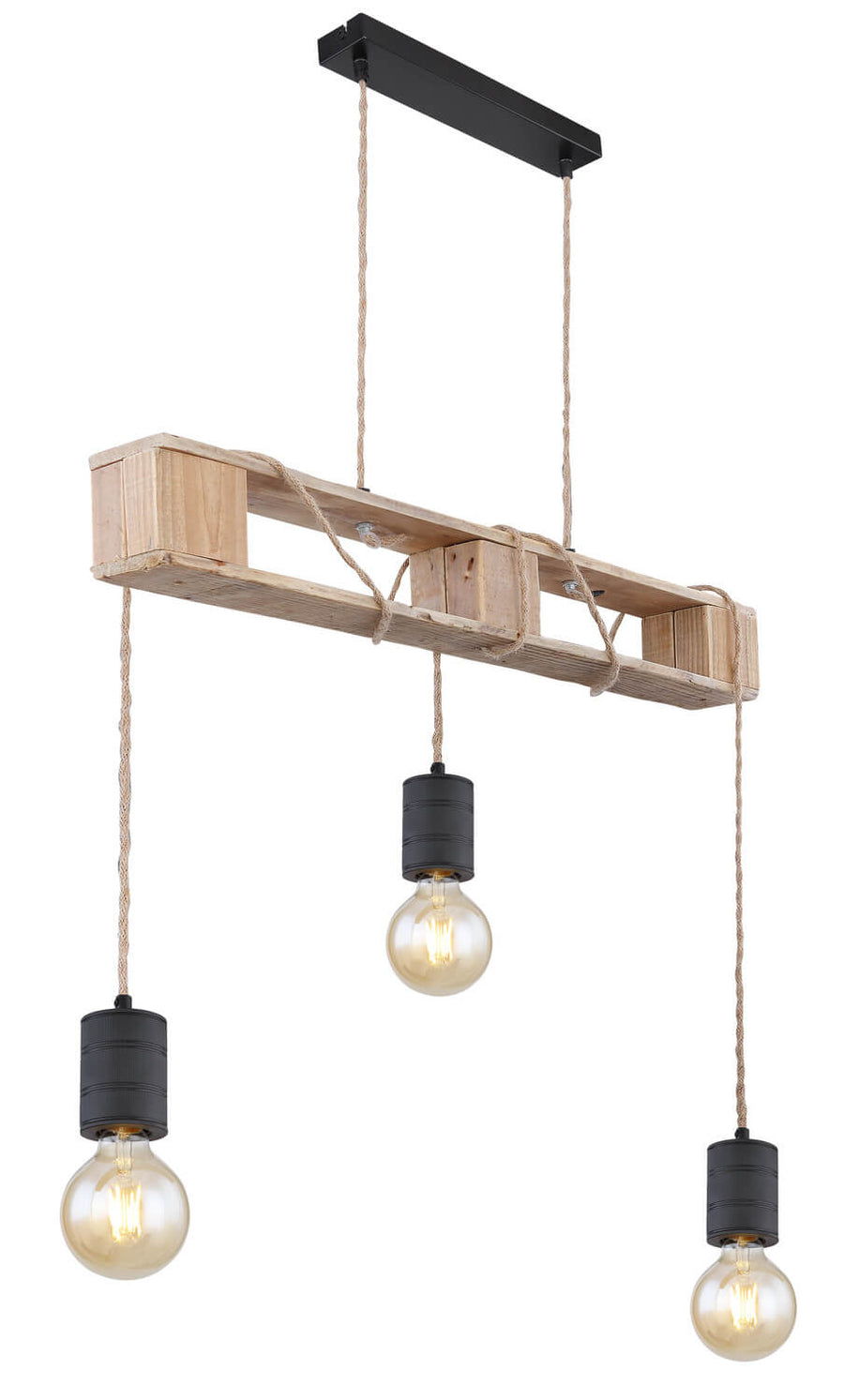 Vue de trois quarts du luminaire en bois avec cordes et douilles noires.