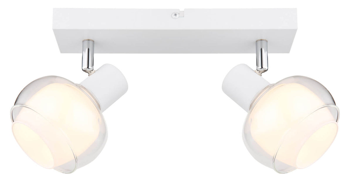 Vue frontale du spot double avec les deux globes allumés et la base rectangulaire blanche.