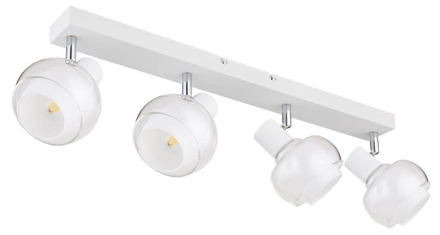Vue du luminaire éteint, verre extérieur transparent et ampoule intérieure visible sous la barre blanche.
