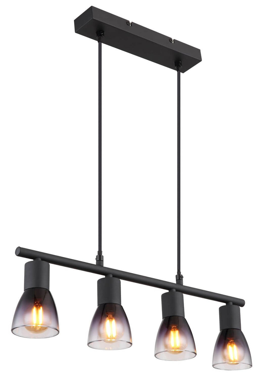 Vue de trois quarts du luminaire suspendu noir avec ses quatre abat-jours en verre.