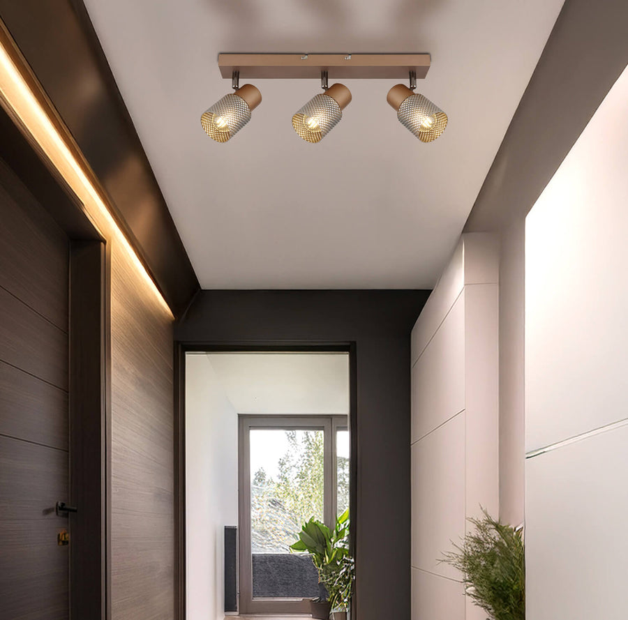 Spot triple marron installé au plafond dans un couloir moderne avec porte et plantes.