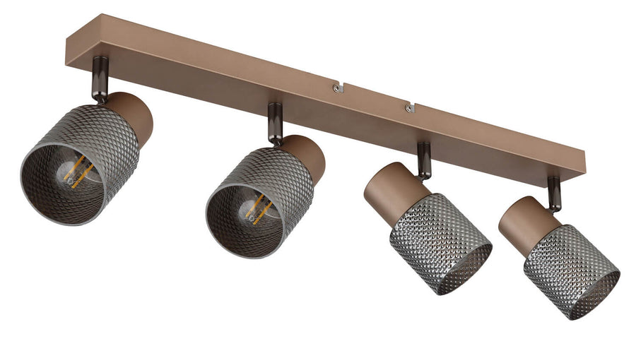 Vue de trois quarts du spot plafond à quatre têtes éteintes avec abat-jours métalliques texturés.