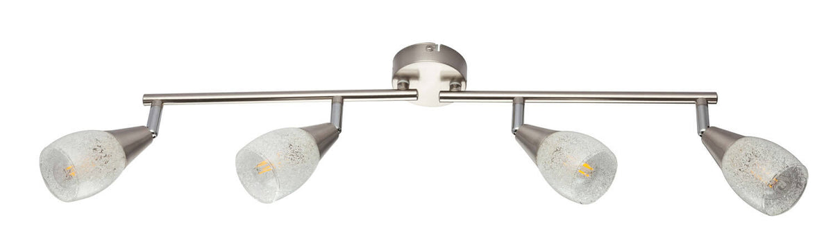 Vue de face du luminaire quatre spots, verre dépoli et structure en nickel satiné.