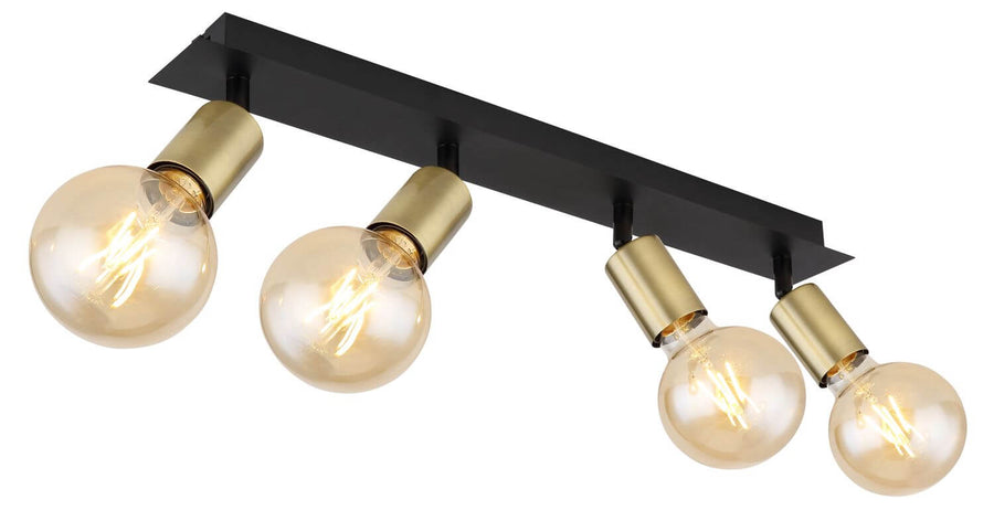 Spot plafond à quatre têtes noires et dorées, ampoules ambrées allumées sur fond blanc