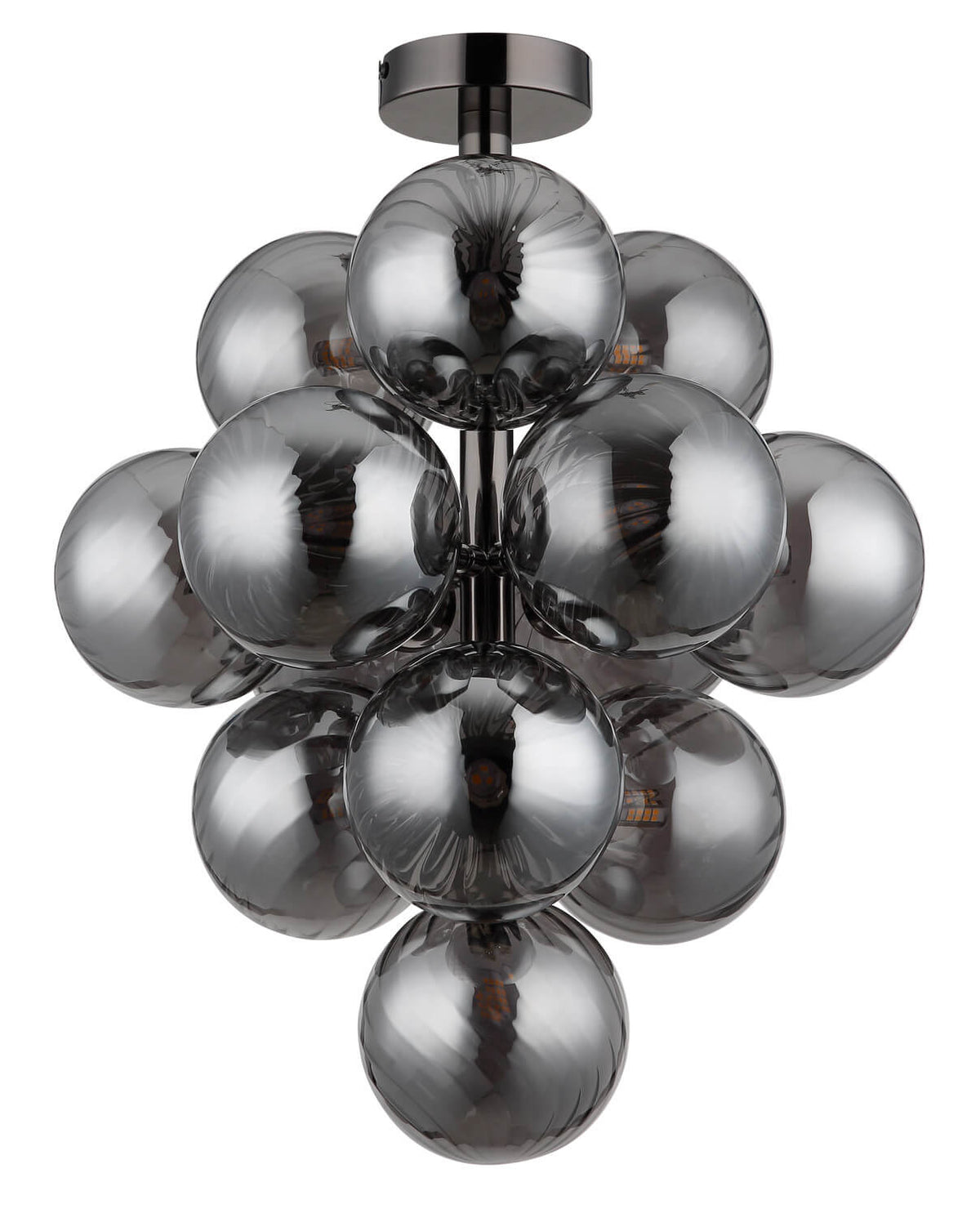 Produit éteint sur fond blanc, reflets argentés des globes et finition chromée
