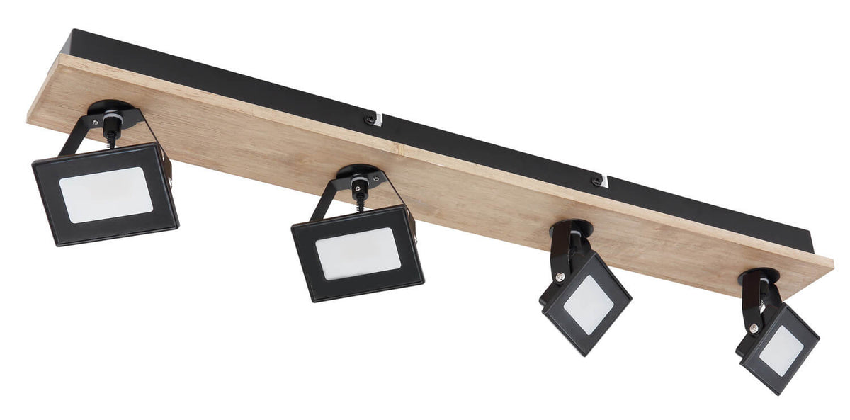 Vue produit du plafonnier quatre spots éteints avec diffuseurs blancs sur fond blanc.