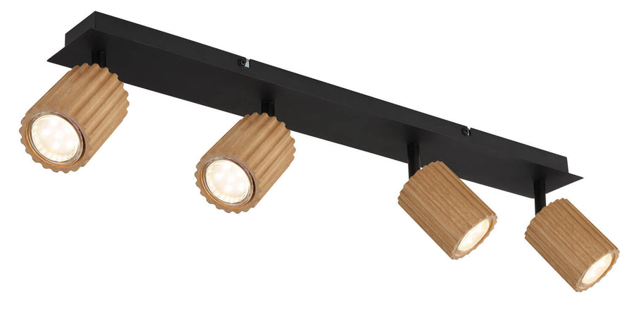 Vue rapprochée des têtes orientables en bois strié et de la base noire
