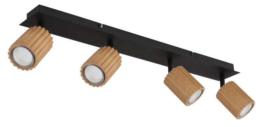Détail de la base rectangulaire noire et des quatre cylindres en bois