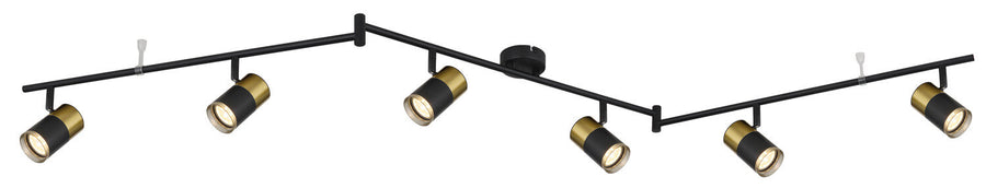 Vue d'ensemble du luminaire à six spots, rail noir et têtes cylindriques orientables.