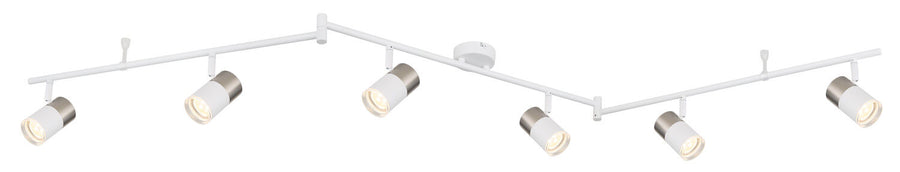 Rail blanc déployé avec six projecteurs cylindriques, présentation produit sur fond blanc