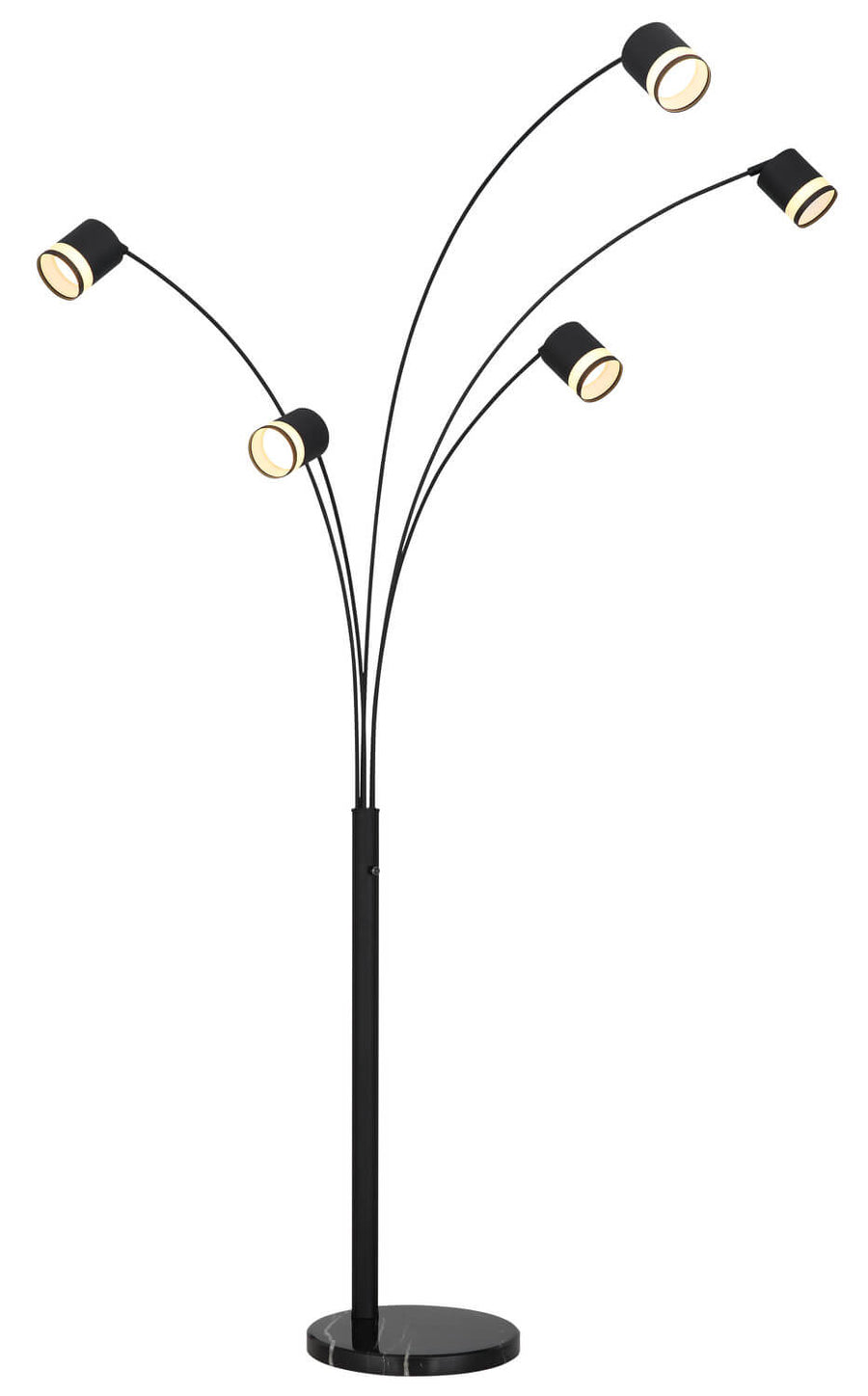 Vue produit du lampadaire noir, cinq arcs fins et diffuseurs cylindriques réglables, fond blanc.