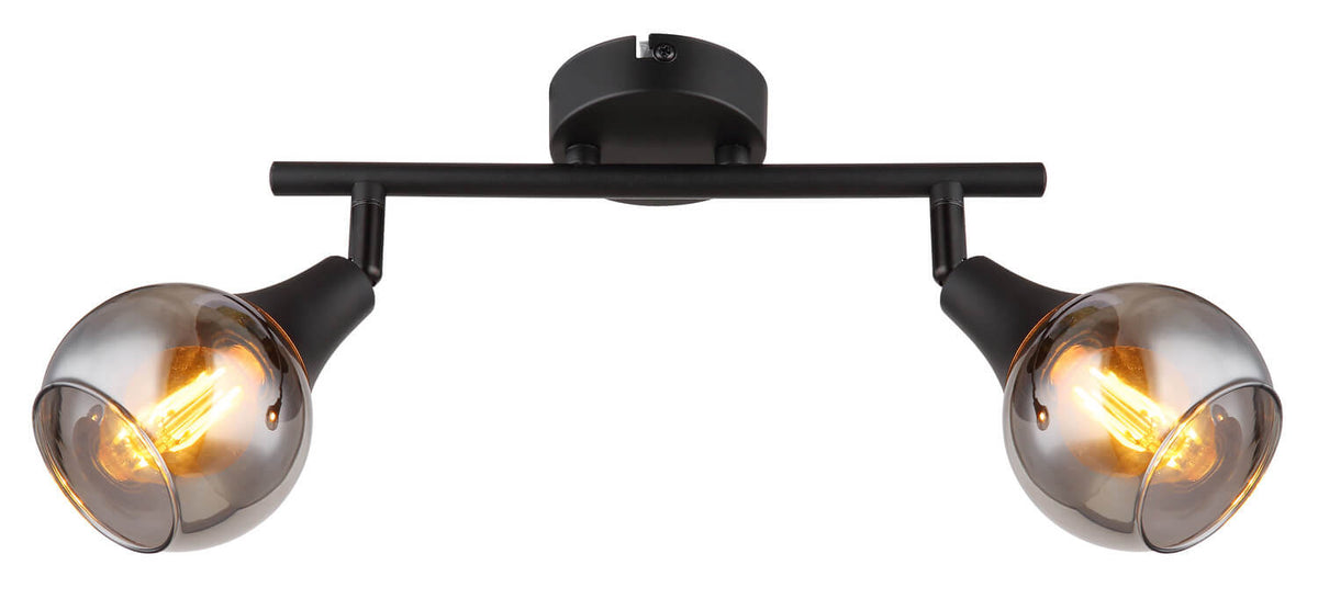 Vue frontale du luminaire double spot noir mat éclairé