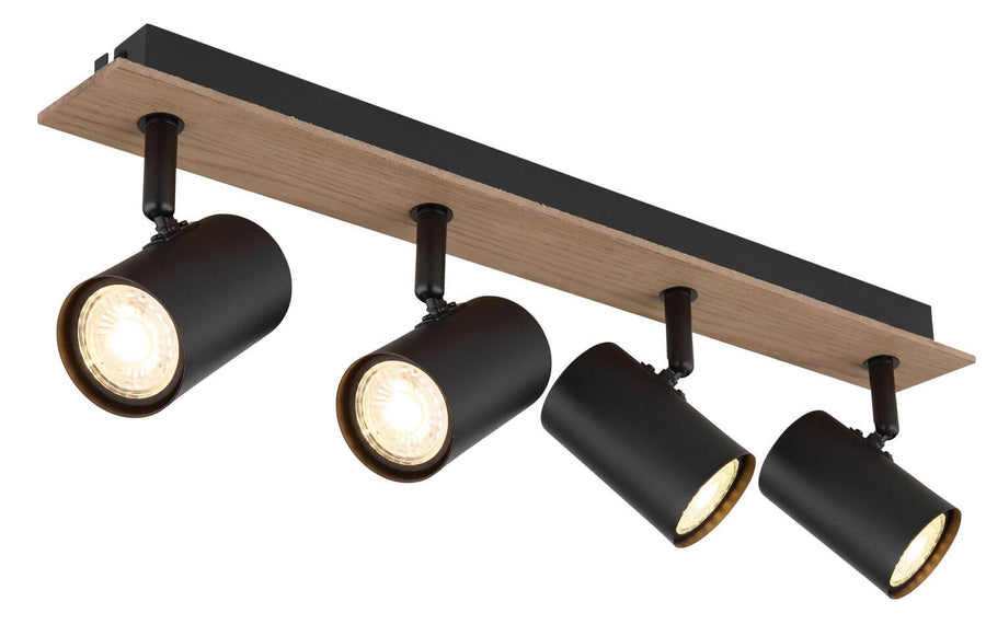 Gros plan sur les cylindres orientables noirs et la platine bois du luminaire