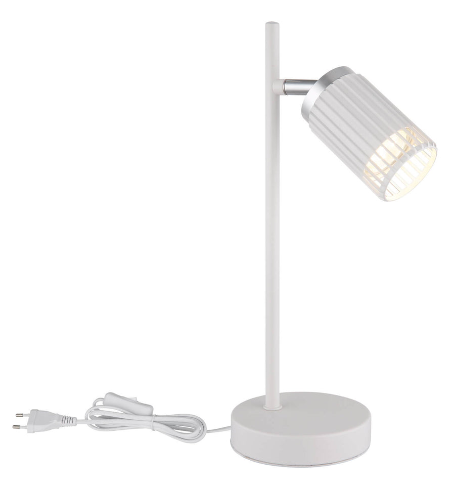 Lampe blanche avec cordon d'alimentation et prise, présentée entière sur fond blanc.