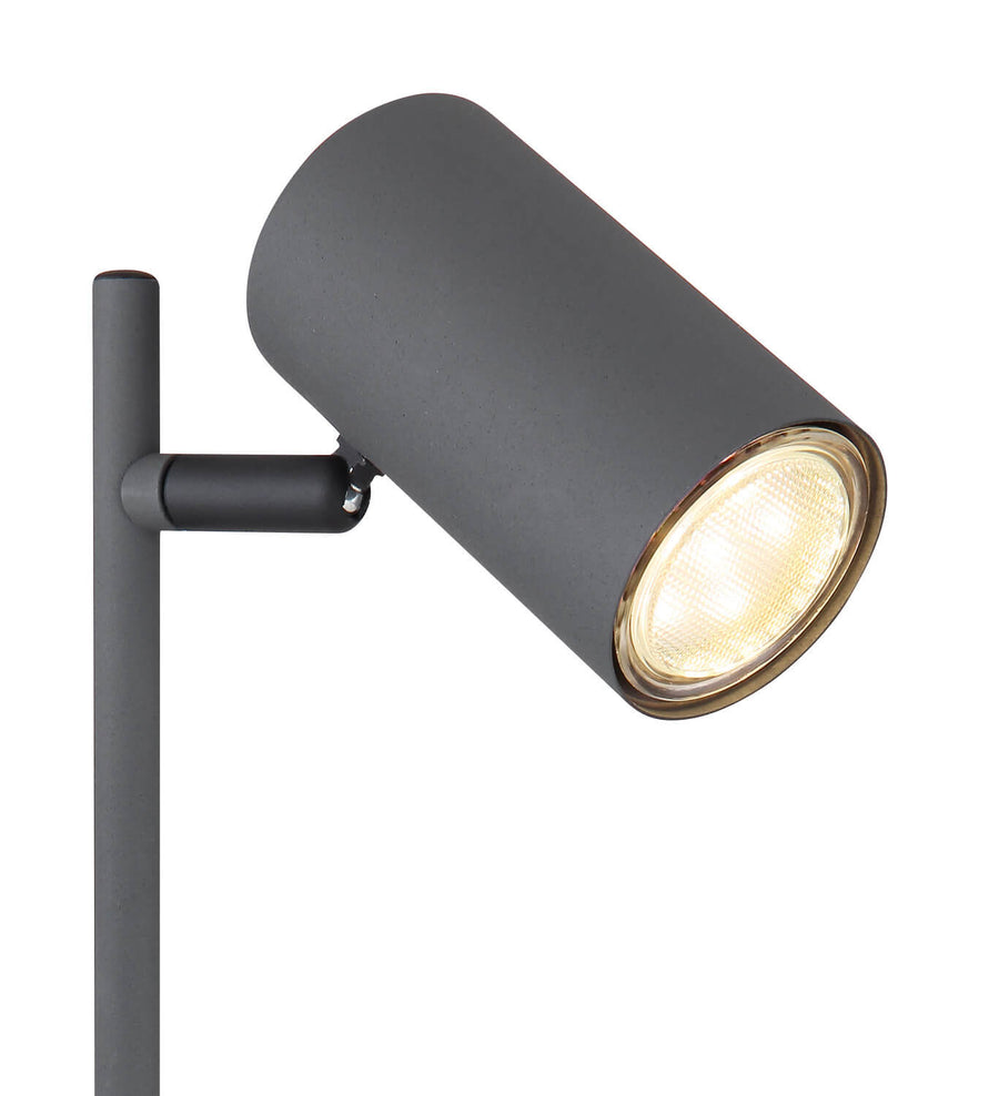 Détail du projecteur cylindrique anthracite avec ampoule allumée et joint doré.
