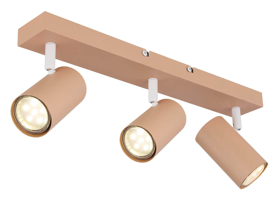 Gros plan du luminaire montrant la barre rectangulaire et les rotules blanches
