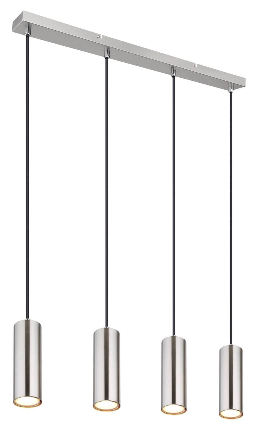 Vue d'ensemble de la suspension linéaire avec quatre cylindres nickel et câbles noirs.