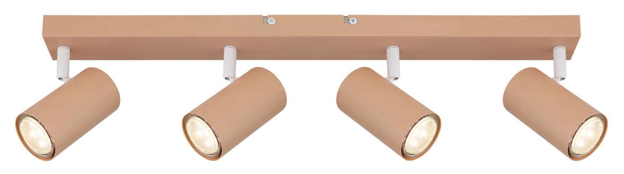 Vue de face du luminaire quatre spots beige, barre horizontale et projecteurs cylindriques alignés.