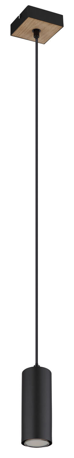 Photographie produit du luminaire suspendu noir avec rosace carrée et abat-jour cylindrique.