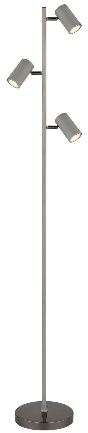 Vue entière du lampadaire, mât fin gris et socle rond noir brillant