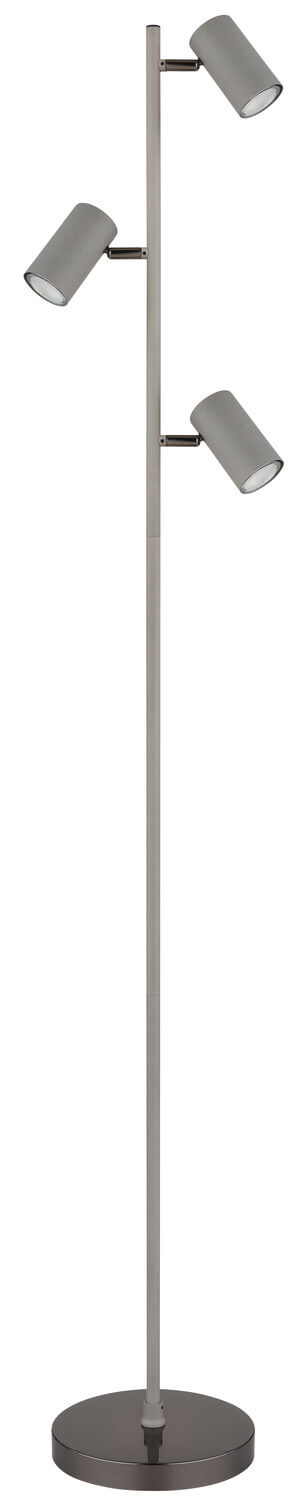 Lampadaire présenté de face sur fond blanc, trois têtes orientables en hauteur