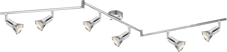 Vue rapprochée du luminaire chromé, montrant les bras tubulaires et les rotules des spots.