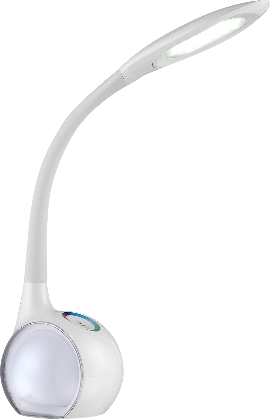 Vue de profil montrant le socle sphérique translucide et le col fin incliné