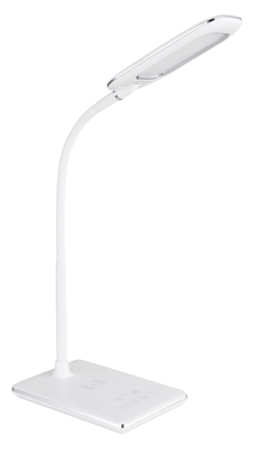 Profil de la lampe montrant le col souple courbé et sa base plate