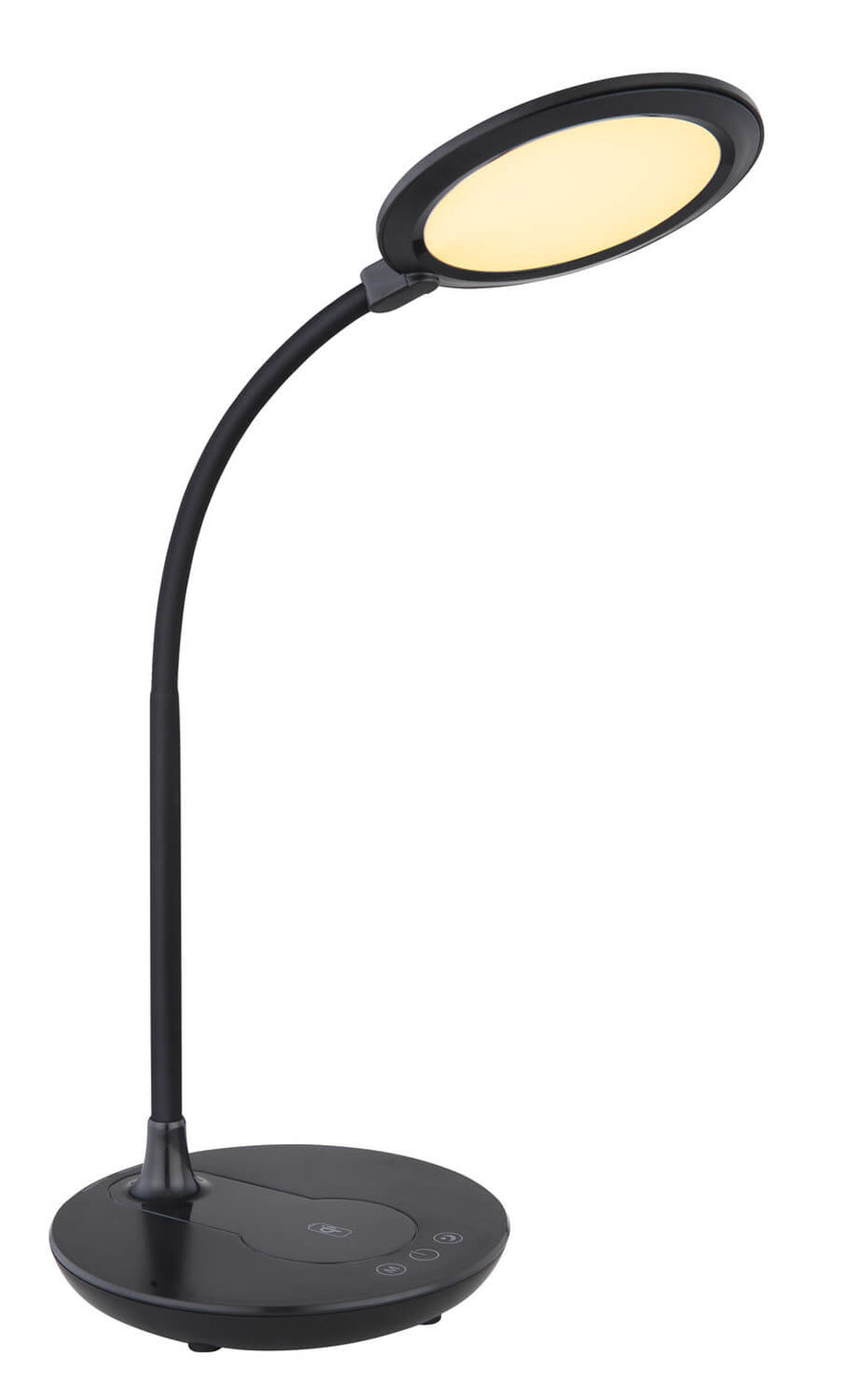 Détail de la base ronde noire avec commandes tactiles et lumière chaude