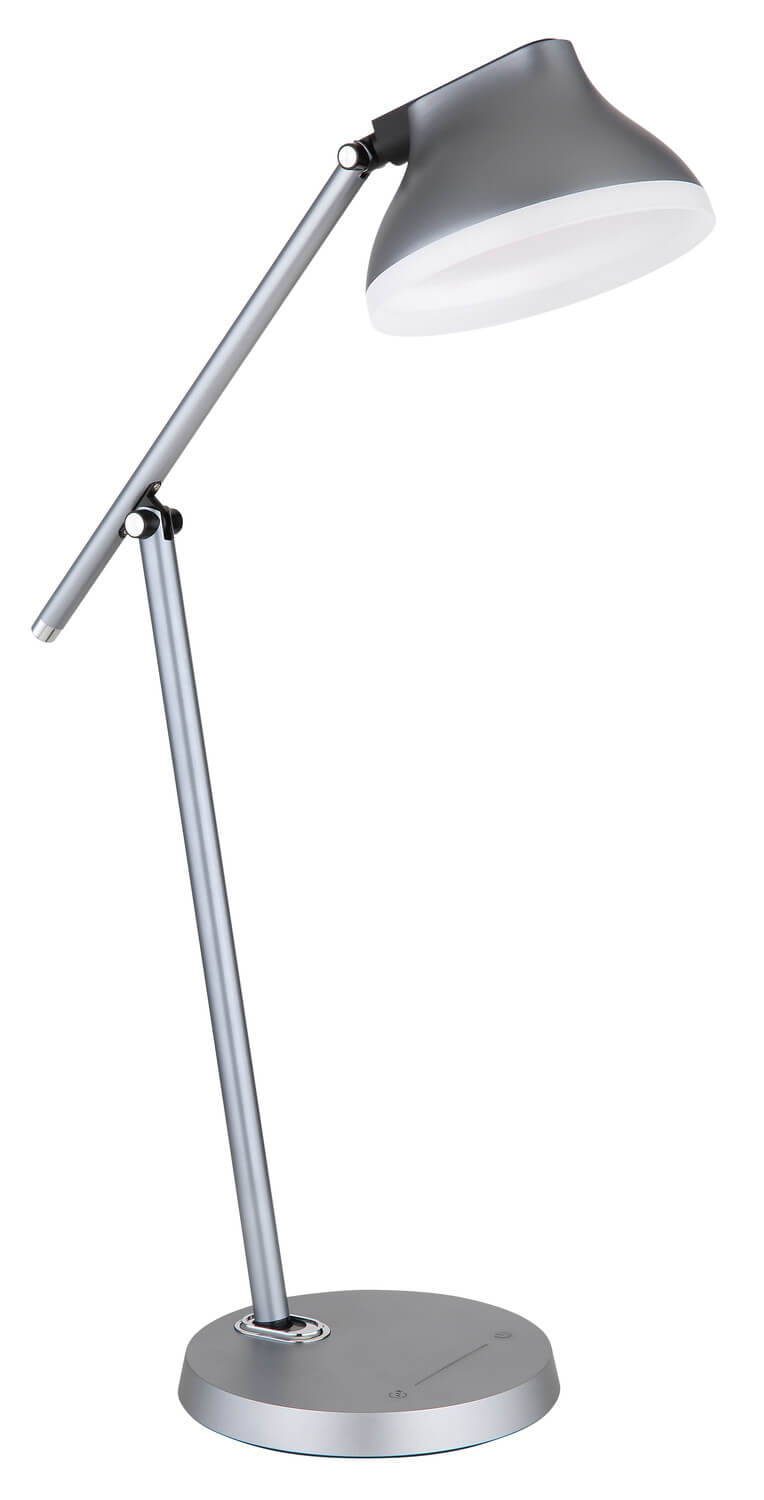 Produit de profil sur fond blanc, bras incliné et base circulaire visible