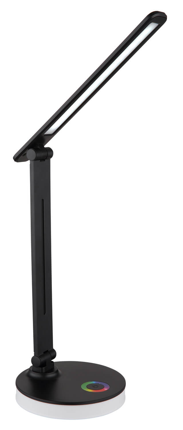 Produit entier sur fond blanc, socle rond et commande colorée visibles