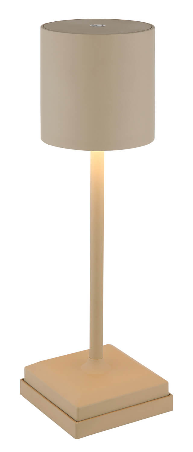 Vue de trois quarts du luminaire, abat-jour cylindrique et pied fin beige
