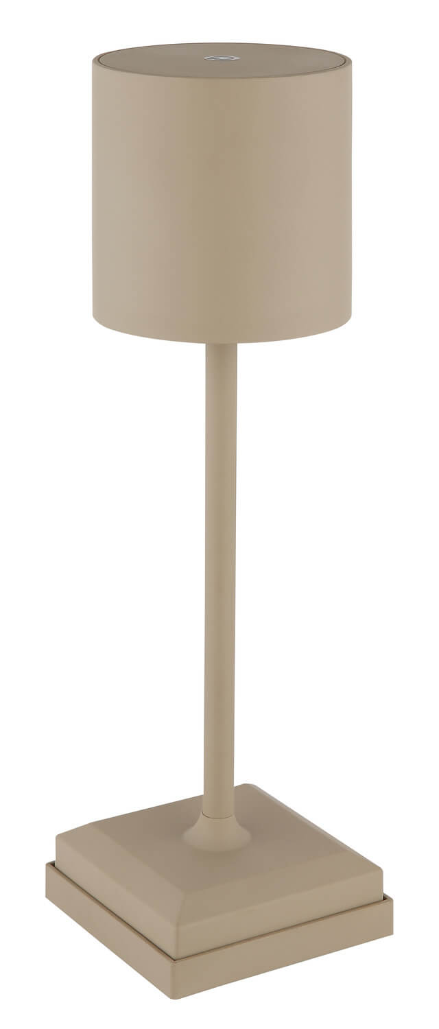 Lampe éteinte présentée de face, abat-jour beige et socle carré