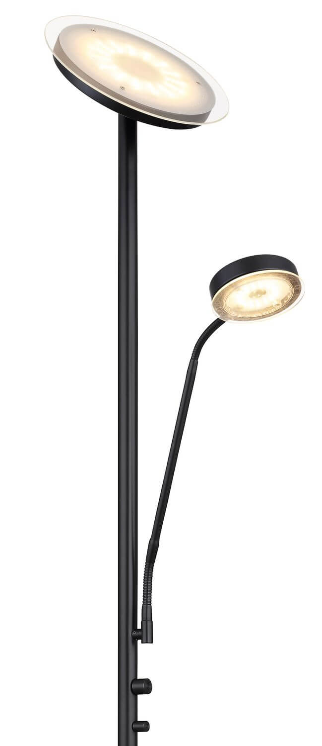 Détail du lampadaire montrant le grand disque lumineux et la liseuse orientable