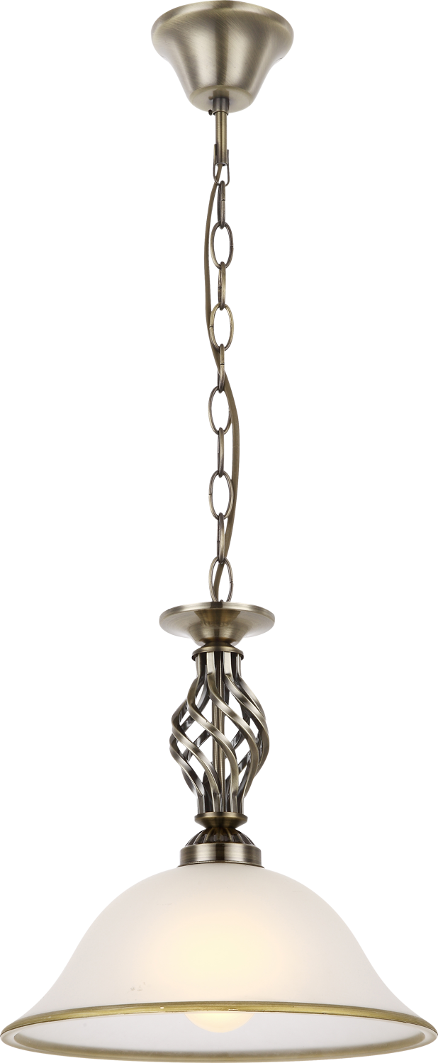 Vue rapprochée du luminaire suspendu, détail du verre blanc et bord doré.