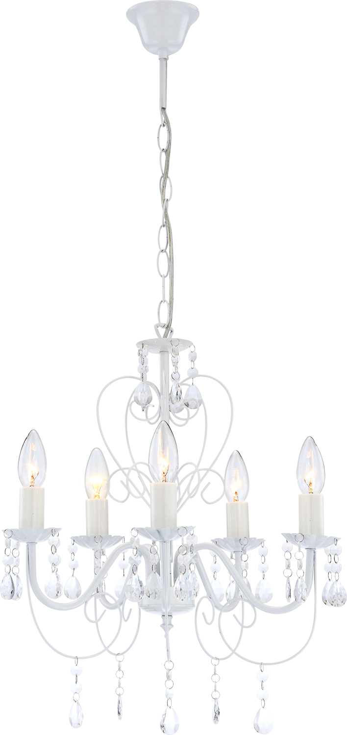 Vue de face du chandelier blanc avec chaîne et cristaux, détails des bras