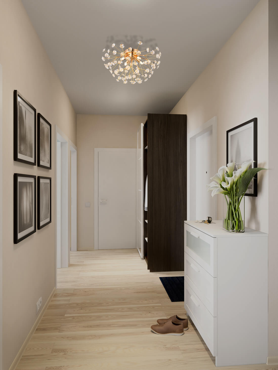 Plafonnier doré installé au plafond d'un couloir moderne, mise en ambiance réaliste