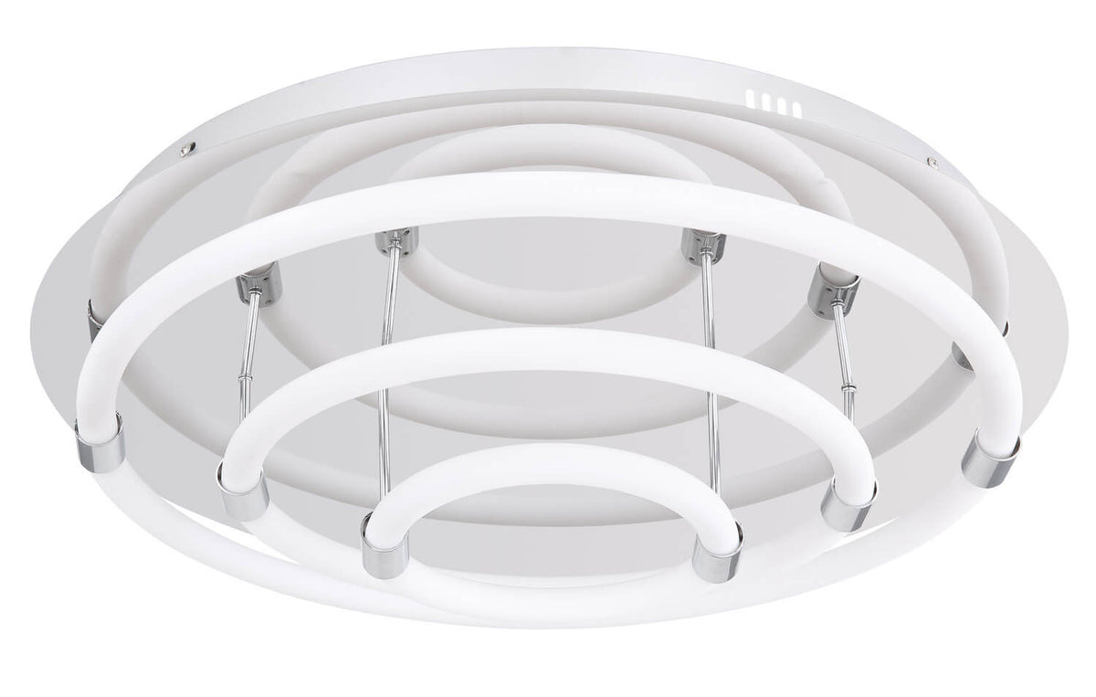 Plafonnier éteint, tubes blancs opalins et structure chromée sur disque transparent