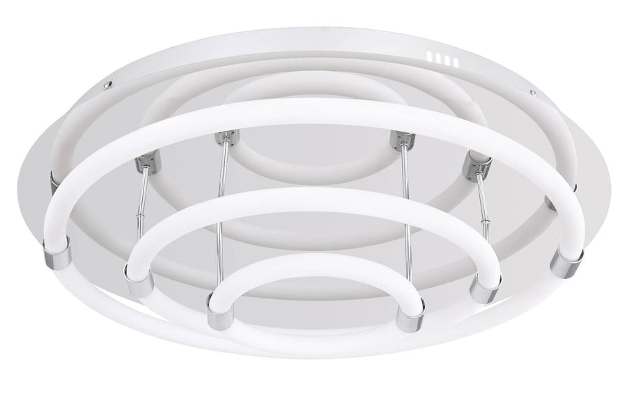 Plafonnier éteint, tubes blancs opalins et structure chromée sur disque transparent