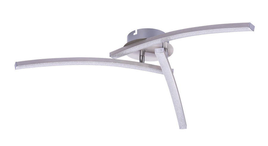 Détail rapproché des bras LED texturés et du raccord central en finition nickel.