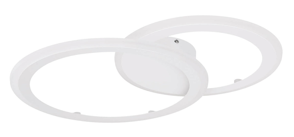 Détail du luminaire blanc, deux anneaux superposés, éclairage éteint, intérieur blanc mat.